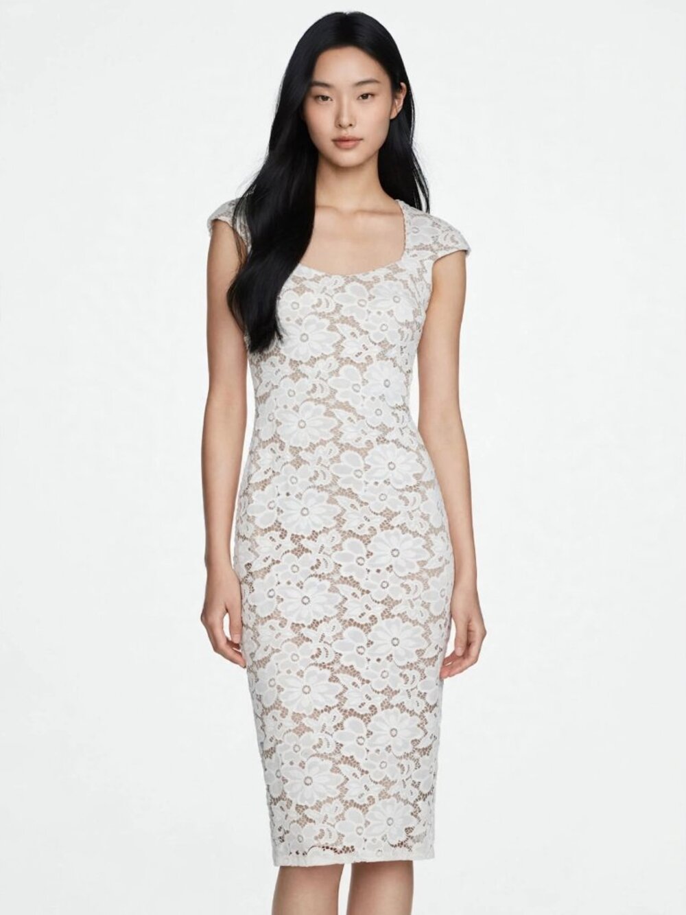 MARCIANO by Guess White Floral Lace Bodycon Midi Dress XS - Bridal Shower